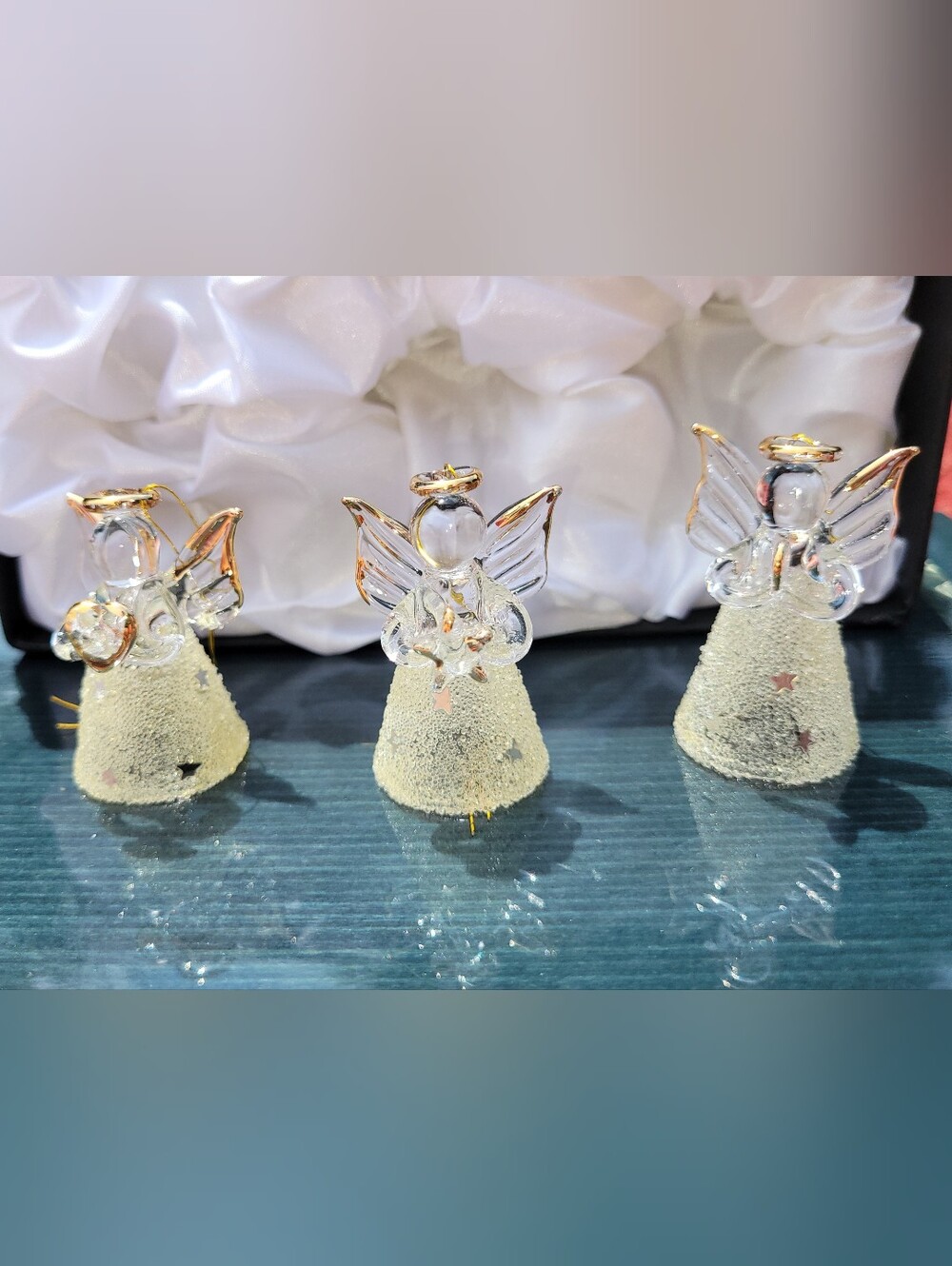 Vintage Miniature Blown Glass Angels Set Of 3 Boxed Ornaments Gold Accents